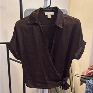 Brown Wrap Blouse with Notched Collar and Tie Front